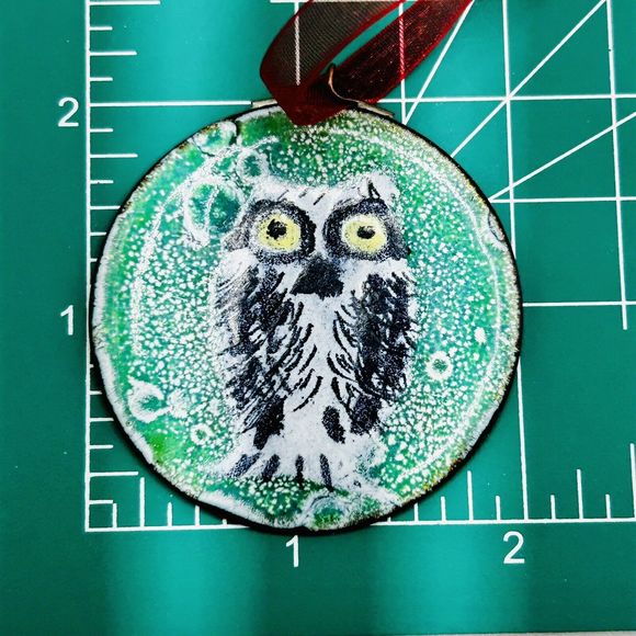 Vintage Owl Pendant Enamel on Copper Handmade Green 2 inches - Picture 7 of 7